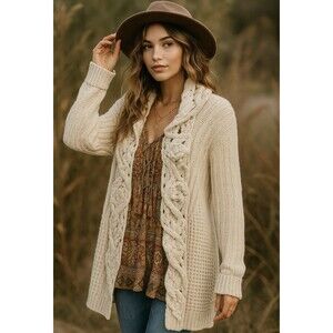Maggie Sweet Vtg S Cream Cable Knit Cardigan Sweater Crochet Roset Boho Cozy